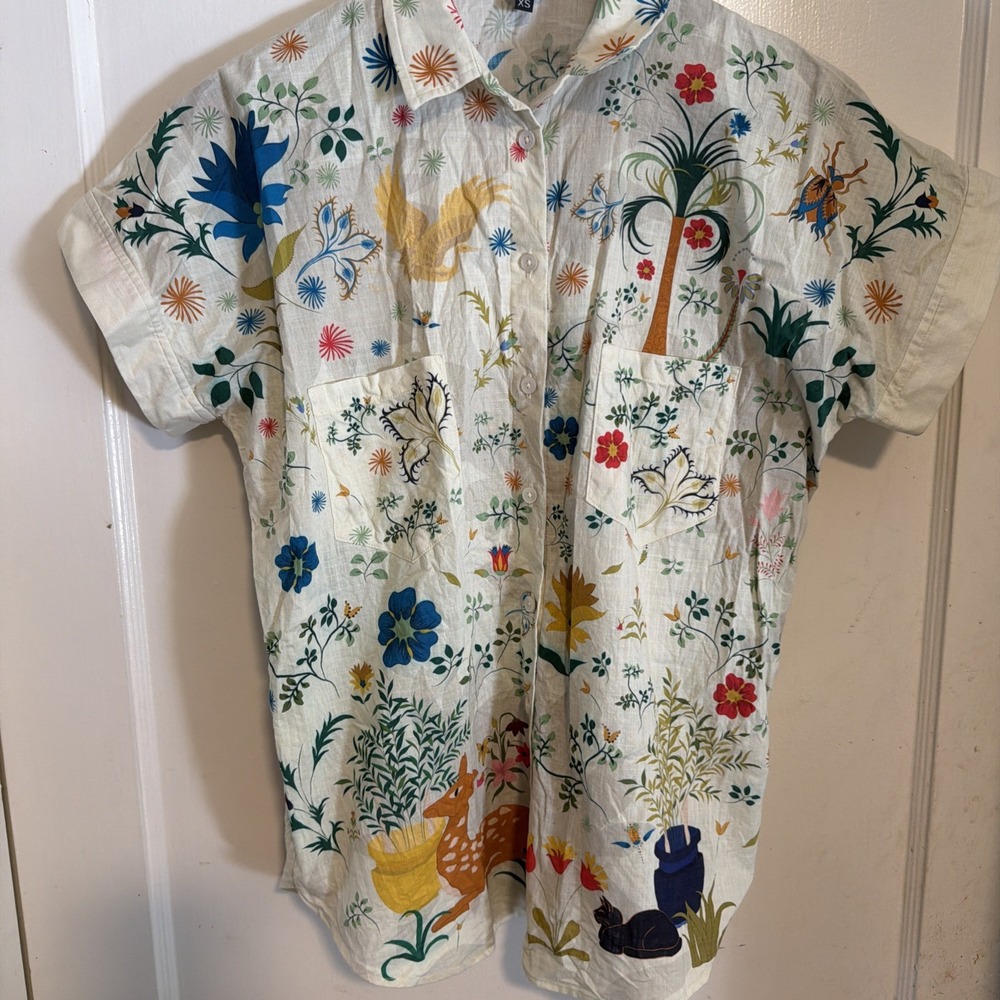 The Kit NYC Shirt Womens XS Multicolor Garden Floral Button Short Sleeve